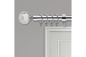 HOME TREATS Extendable Curtain Pole | Crystal Metal Curtain Pole Set 25mm | Includes Rings, Finials, Brackets & Fittings (40cm to 325cm, Chrome)