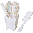 4pcs Hair Brush, Vintage Hair Brush Set for Women Mirror Brush Comb Set with Holder, Professional Hairbrushes Set, Handheld Mirror with Embossed Flower, Suitable for All Hair Types (White)