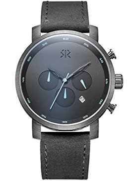 ROSHT Chronographenuhr fuer Maenner Schwarzes Lederband, Blaue Hand, Schwarz Wählen G185003BK