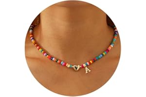 MISS CHIPMUNK Valentines Day Gifts for Her - Initial Necklaces for Women Colorful Beaded Charm Letter Alphabet Choker Bohemian Necklace Gold Plated Pendant with Heart-shaped Metal Y2K Boho Jewelry Gift