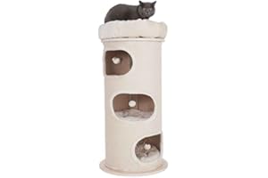 NATURAL PARADISE Cosy and Sturdy Cat Scratch Barrel XXL - with A Solid Wood Base, 3 Dens with Individual Removable Cushions and A Comfy Snuggle Bed - Provides your Cats with Endless Possibilities to Sleep and Play