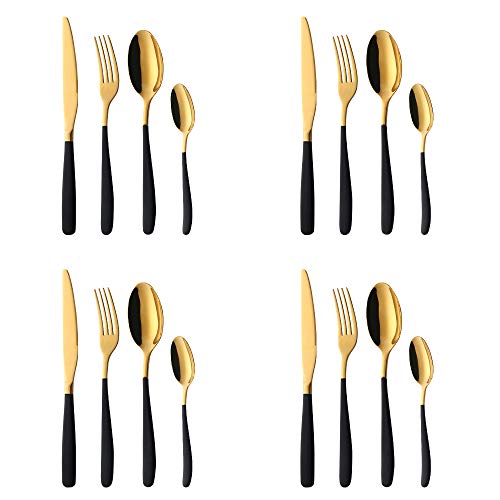 Oro Stoviglie con Manico Nero Posate, Bisda 16 pezzi Set di Posate Lusso Vasellame Servizio per 4