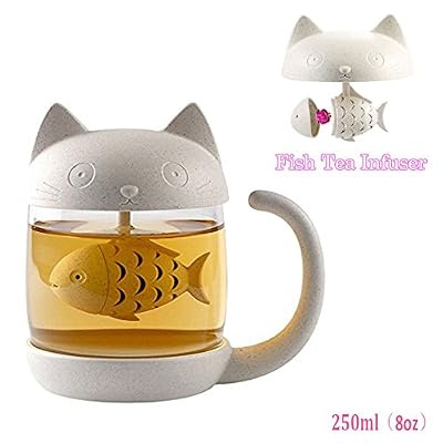 BigNoseDeer Tasse à thé en verre de chat Bouteille d'eau-Avec filtre de filtre à infusion de pain de poisson 250ML (8 oz)