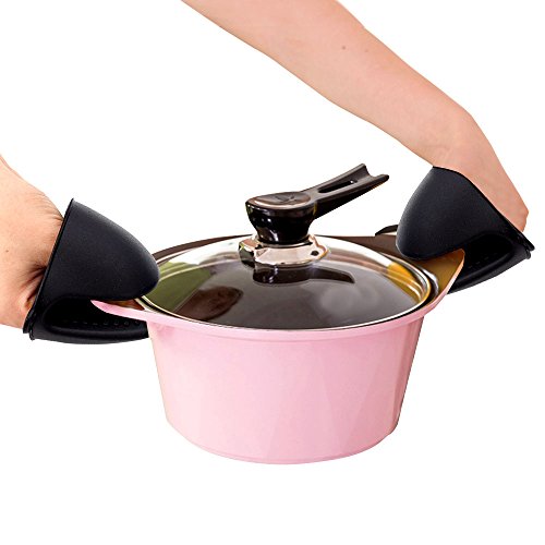 Jonhen Ofenhandschuhe Silikon Hitzebeständige, Topfhandschuhe Topflappen zum Küche,Backen,Kochen,Barbecue,Grillen,1 Paar,Schwarz,Gratis Bürste & Topf Halter - 8