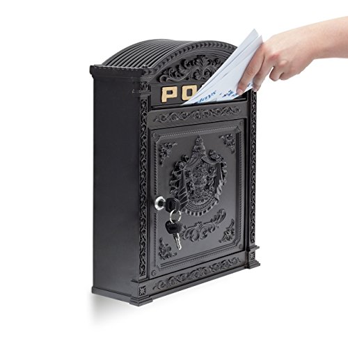 Relaxdays Briefkasten Antik Englischer Wandbriefkasten aus Aluguss mit breitem Briefschlitz für DIN A4 Umschläge HBT: 44,5 x 31 x 9,5 cm nostalgischer Postkasten mit rundem Dach, schwarz - 2