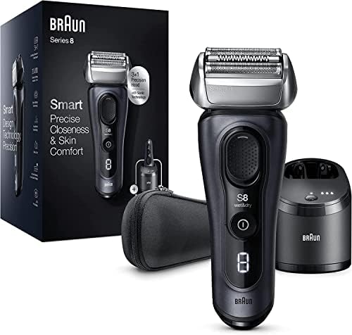 Braun Series 8, Regolabarba Uomo, Rasoio Elettrico Barba Tecnologia Sonica, Lame Flessibili, Custodia da Viaggio in tessuto, Idea Regalo, 8463cc Nero