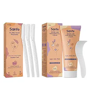 Sanfe Hair Removal Combo ( glide face razor 3 units and Bikini hair removal cream 50g ) | Stainless steel blade, comfortable | reusable razor | face razor | Pain Free Instant Removal at home | For bikini, hand and legs area
