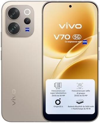 vivo V70 5G Smartphone 8GB RAM + 256GB, Fotocamera ZEISS 50MP con Super Teleobiettivo, Video 4K, Display OLED 6,59" 1.5K, Batteria 5400mAh, Sblocco Impronta Digitale 3D, IP68/IP69, Android 16,NFC