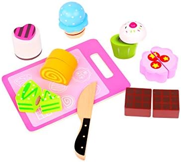 Cutting Set-Afternoon Tea Set Wooden Fruit Cutting Play Food For Toddlers Set Toy Wood knife &amp; Cutting Board - Durable Easy-Slice Food | Pretend Kitchen Accessory-TKI016-S14