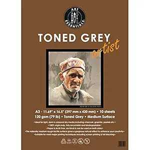 Art Essentials Toned Sketch Artist A3 Cool Grey Medium Surface 120 GSM Paper, Polypack of 10 Sheets