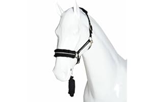 HORSE MASTERS Fluffy Headcollar and Leadrope Set - Diamante Soft Fur Padded Halters for Horses - Super Flexible and Adjustable Pony Controller Equipment for Training and Outdoor Riding (Cob, Black)