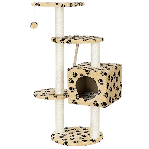 [en.casa] Rascador para gatos (40 x 40 x 113 cm aprox)(crema con huellas) varios niveles - sisal - con juegos y sitio para acurrucarse
