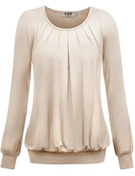 DJT Damen Langarmshirt Rundhals Falten T-Shirt Stretch Tunika Top