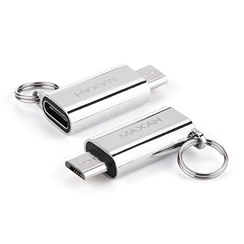 Micro USB auf TYPE C Adapter,MAXAH Type C Konverter Adapter Aluminium-Legierung Gehäuse,mit Schlüsselring 2er Set (Silber)