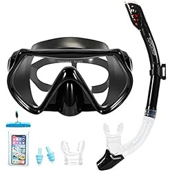 Masque et tuba Supertrip pour enfant et adulte - Anti-vapeur et anti-fuite - Avec 2 embouts, 1 pochettes de téléphone étanche et 2 bouchons d'oreilles, Noir