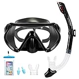 Masque et tuba Supertrip pour enfant et adulte - Anti-vapeur et anti-fuite - Avec 2 embouts, 1 pochettes de téléphone étanche et 2 bouchons d'oreilles, Noir