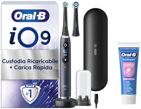 Oral-B iO 9 Spazzolino Elettrico, 2 Testine di Ricambio, Custodia, Nero - 2 Testine di Ricambio per Spazzolino Elettrico, Ricaricabile, Custodia da Viaggio + 1 Dentifricio Pro Expert, Pulizia Denti