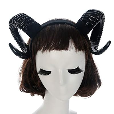 Yinuneronsty Gothique Halloween Femmes Filles Serre-tête Mouton Corne Forêt Animal Cosplay Déguisement Anneau de Cheveux Démonie Malvelage Plastique Fête Photo Props Noir