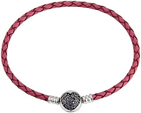 Mijn bedels Woven leather charm bracelet with zirconia heart clip - 17 cm