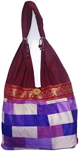Elephant Stripe Tribal Hippie Bag Multi Coloured Cotton Canvas Boho Gypsy Hippy Festival Beach Travel Tote Shoulder HandBag (Maroon Red)