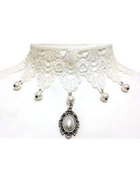 Gothic Halskette in Makramee weiß mit Perlen und Diadem