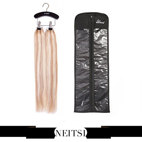 Neitsi® K.S WIGS Wooden Hair Extensions Hanger for Virgin Hair & Clip in Hair Extensions 2 Clips Adjustable (Black Hanger + Black Bag)
