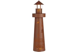 ‎HOBERG Hoberg LED Pflanzsäule im Leuchtturm Design & maritimer Stanzung in Rost-Optik | Für In- & Outdoor | Mit LED-Beleuchtung, 6h Timer, kabellos | Plattform individuell bepflanzbar [ø 21 x 80 cm]