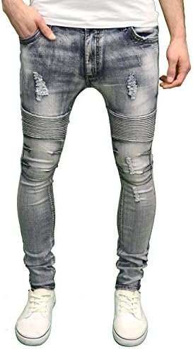 SoulStar Mens Designer Stretch Detailed Biker Ripped Jeans BNWT (36W x 32L, Tazer Grey)