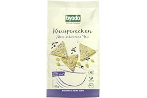 ‎BYODO Byodo Bio Knusperecken mit schwarzem Reis 90g - Vegan, Glutenfrei, Ohne Zuckerzusatz, Italienischer Mais Snack, Würzig & Nussig, Ideal Für Diäten