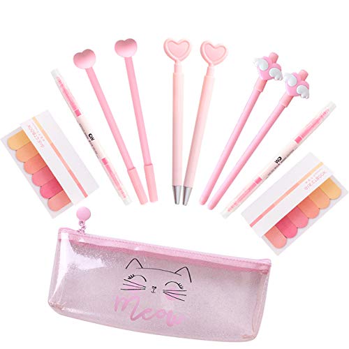 Girls Heart Pens Cute Gift Black Ink Pen with Pink Marker Pens Cat Clear Pencil Case for Office School Supplies Writing Signing Pens Set (Pink 11PCS)