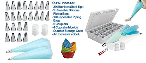 50-Teiliger Set Zum Dekorieren Von Kuchen: 30 Edelstahl-Garnieraufsätze / Spritztüllen, 2 Wiederverwendbare Spritzbeutel, 2 Verbindungsstücke, 10 Einwegspritzbeutel, 4 Silikon-Kuchenformen Und Ein Aufbewahrungsbehälter || Exklusives E-Book Inclusive || Das Ultimative Kuchendekorset – Perfekt Für Kuchen, Cupcakes, Plätzchen Und Gebäck - 2