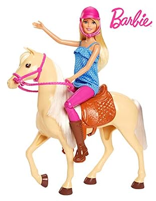 Barbie et son cheval, poupée blonde en tenue d'équitation avec genoux articulés, jouet pour enfant, FXH13