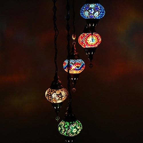 Multicolor Handmade Turkish Moroccan Style Mosaic Hanging Lamp Helix Chandelier with 5 Medium Size Globes