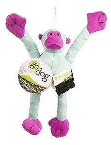 goDog Crazy Tugs Monkeys with Chew Guard Technology Plush Squeaker Dog Toy, Small, Turquoise Pink