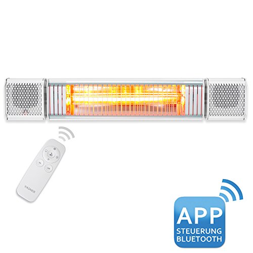 VASNER Appino BEATZZ Infrarot-Heizstrahler, Terrassenstrahler dimmbar 2000 W, Bluetooth, LED Backlight Licht, Musik-Lautsprecher Außenbereich, weiß