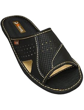 BeComfy Genuine Mens Brown Black Leather Slippers Slip-On Shoes Gift Box (Optional) Model XC64