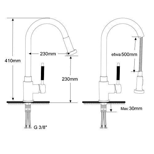 Küchenarmatur herausziehbarer Geschirrbrause 2 Strahlarten Hochdruck Hoher Auslauf 360°Schwenkbereich aus Messing verchromt Armatur Küche - 7
