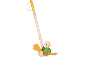 PlanToys Juguete de Empuje Patito - Juguete de Arrastre de Madera para Bebés 1 Año - Juguete para Empujar de Madera con Sonido de Flip-Flop