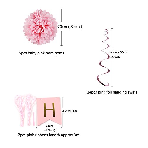 HAPPY BIRTHDAY Girlande Set Geburtstag Dekoration Seidenpapier Pompoms Rosa Folie Spirale Deko von SUNBEAUTY (Rosa) - 6