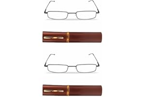 KAIBSEN® 2 Pack Portable Poche Mince Lecture Lunettes - Léger Unisexe Inoxydable Acier Cadre Résine Lecture Lunettes/Slim Stylo Clip Tube Cas