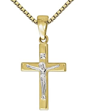 CLEVER SCHMUCK-SET Goldener Mini Anhänger Jesus Kreuz 17 mm glänzend bicolor 333 GOLD 8 Karat und vergoldeter...