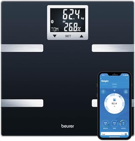 Beurer BF 720 Bilancia Diagnostica con connessione Bluetooth allo smartphone, determinazione del peso e del grasso corporeo, della percentuale muscolare e del fabbisogno calorico AMR/BMR, colore nero