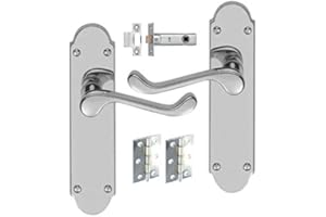 HANDLESTORE Shaped Scroll Door Handle Pack – Polished Chrome Lever on Backplate with 2.5" Tubular Latch & 3" Hinges