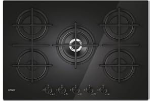Candy Moderna Gas On Glass Piano Cottura a Gas 5 Fuochi, Vetro Temperato, Bruciatore a Doppia Corona, Griglie Lavabili in Lavastoviglie, AxLxP 0,8x74,5x51 cm, Nero - CVG74WTB