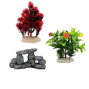 Venus Aqua Fish Aquarium Ornamental Decoration Combo of Fiber Toy and Plastic Plants (Green-Purple)