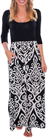 Hot Sale! Womens Print Long Boho Dress Ladies Casual Long Sleeve Beach Party Club Summer Sundress Maxi Dress (Black, XL)