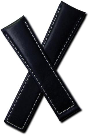 WatchstrapworldTH-MCO-01-0921 - 22 mm Black Smooth Leather Deployment Watch Strap with White Stitching Compatible with TAG Heuer Monaco, Silverstone and Targa Florio Models Listed Below