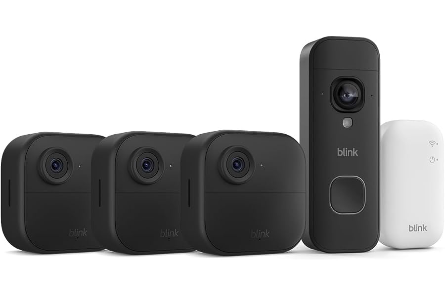 Blink Outdoor 4 Kameras (Außenkamera) mit Blink Videotürklingel 2K+ (neueste Generation), Schwarz, i