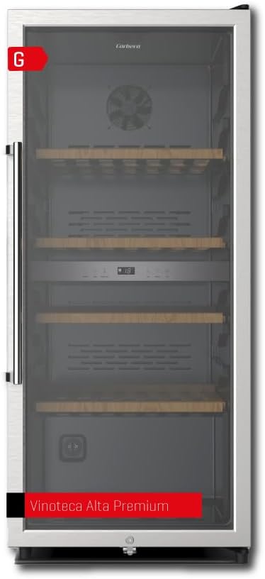 Corberó - Vinoteca CFKWC91SWDZ | 200L | 91 Botellas | Estático Con Ventilador | Doble Zona | Nevera para vino con Luz LED | 4 Estantes de Madera | 45Db | Negro Puerta Cristal