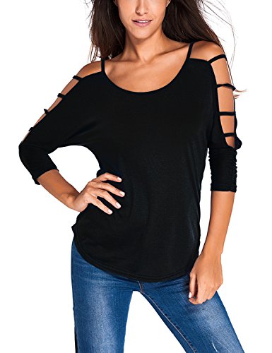 MinYuocom Mujer Camiseta Casual Tirantes 3/4 Mangas Hombros Descubiertos MZF3809B-XL